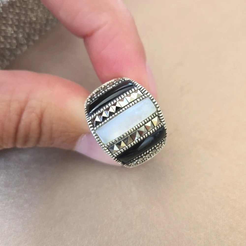 Vintage Sterling Onyx Marcasite Mother of Pearl Ring